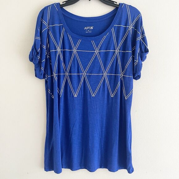 Apt 9 Knit Tshirt Top Size XL Womens Knit Blue Metallic Silver Geometric Cuffed - Picture 1 of 7
